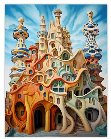 Artery8 Antoni Gaudi Style Orange Pink Blue Architecture Artwork Unframed Wall Art Print Poster Home Decor Premium
