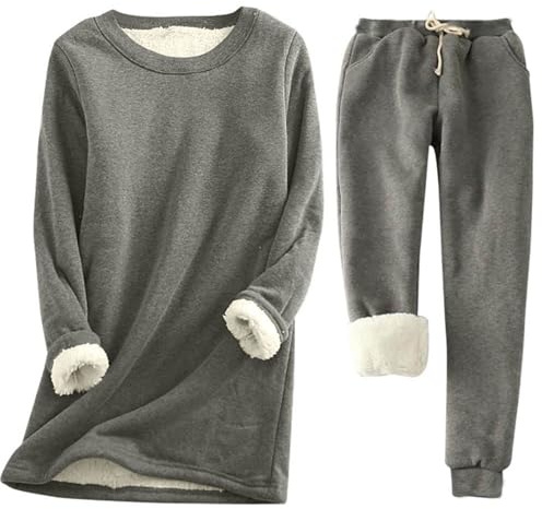 shownicer Pigiama Donna Invernale Pigiama in Pile Caldo Pigiam Due Pezzi con Felpa e Pantalone Pigiama Set in Tinta Unita A Grigio Scuro 3XL