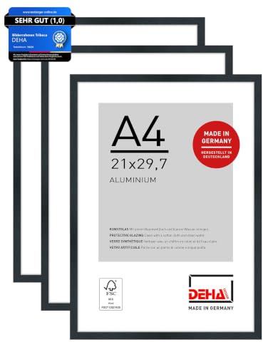 DEHA Design Aluminium Bilderrahmen Tribeca, 21x29,7 cm A4 2er Set, Schwarz | Aluminium Dokumentenrahmen im Hoch- & Querformat zum Aufhängen Schwarz gebürstet bruchsicheres Kunstglas