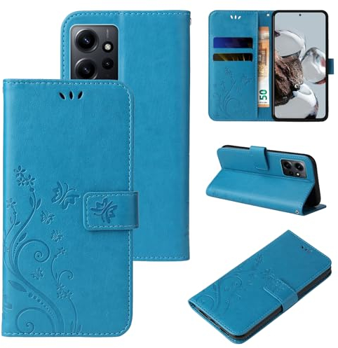 LBH Handy Hülle für Xiaomi Redmi Note 12 Case Handytasche Schmetterling Blumen Flower Standfunktion Schutzhülle Magnet Rundum Schutz 360 Grad Flipcase Cover Blau