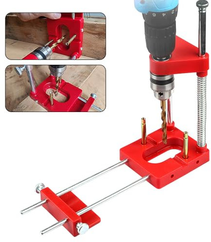 Omninmo Portable Drill Guide, Woodworking Drilling Locator, Precise Positioning Adjustable Mini Bench Drill Press Machine with High Speed Tool for Cabinet Hardware Furniture (Red)