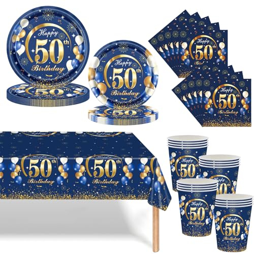 69 P 50th Birthday Tableware Set - Navy Blue and Gold Paper Cups, Plates (7in+9in), Napkins, Table Cloth - Dinnerware Decoration for Him or Her