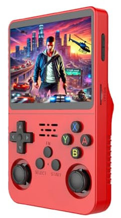 AMAZTECH Consola Retro Portatil R36S, Sistema Linux, Pantalla IPS de 3,5, Reproductor de Vídeo de Bolsillo Portátil, 64GB +15000 Juegos (Rojo)