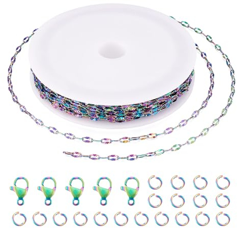 PandaHall 5 m Edelstahl-Ketten, Regenbogenfarben, gelötet, Verlängerungsketten mit Karabinerverschlüssen, Biegeringe für Armbänder, Halsketten, Schmuckherstellung