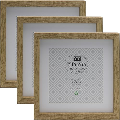 8 x 8'' (20 x 20cm) Square Wooden Photo Frame Set of 3 with acid free mount for 6x6'', Wooden Picture Frame 6x6'' 3Pack, 20x20cm square frame for desktop and wall mount.