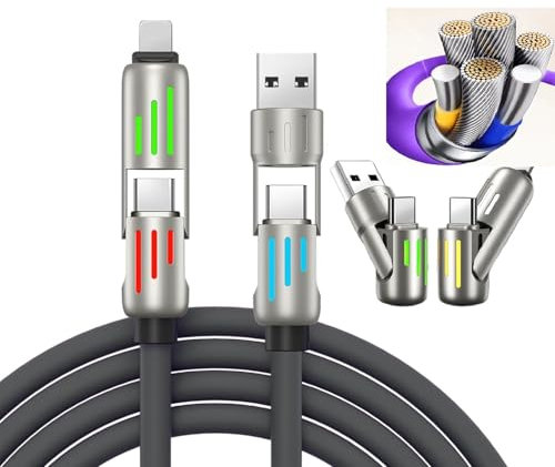 4 in1 Multi Charger Cable, PD 240W with Dual USB-C & USB-A Ports | 1.2m, Metal Ports with Breathing Light Compatible with iPhon14,16 Android Samsung Galaxy MacBook iPad Android devices (Gray)