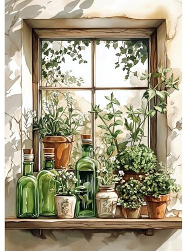 QENSPE Peinture Diamant Fenêtre, Fleurs Plantes Diamond Painting Kit, Bricolage Diamond Art Broderie Kit Complet, Crystal Point de Croix Artisanat Maison Murale Decor 30x40 cm
