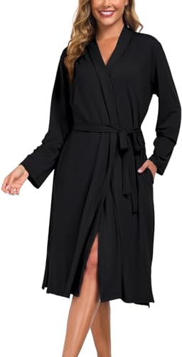 Beuwltpa Robe de chambre légère pour femme, peignoir long en tricot doux pour vêtements de détente et de nuit, Noir , XL