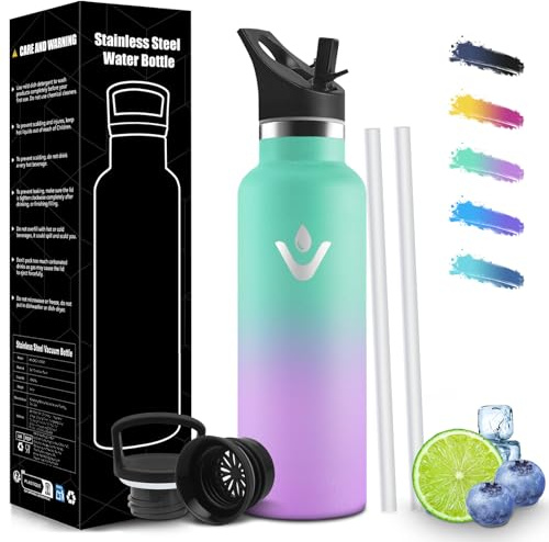 HoneyHolly Trinkflasche 750ML, BPA-Frei, Trinkflasche Edelstahl, Auslaufsichere Isolierflasche Doppelwandig, Wasserflasche, mit Strohhalm, 18/8 Edelstahl, Thermoflasche Kohlensäure Geeignet