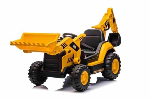 RIRICAR Excavatrice électrique Caterpillar sous Licence avec Godet de Pente et Godet d'excavation, monoplace, Jaune, entrée USB sur Lecteur MP3, Propulsion arrière avec 2 Moteurs de 30 W et.