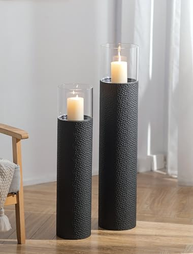 Sziqiqi Windlichtsäule Groß Schwarz mit Glas, 85/70 cm Hoch, 2er Set