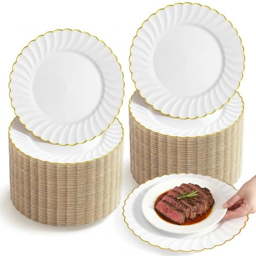 Havawish 50 Pcs 13 Acrylic Charger Plates Bulk Ivory Scalloped with Gold Trim Round Dinner Party Serving Plates for Wedding Party Bulk Events Home Kitchen Tabletop