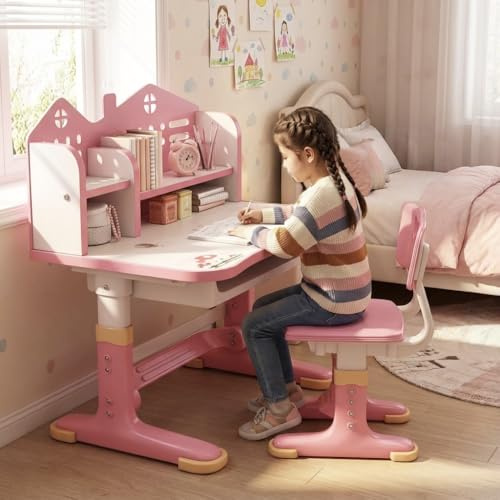 Autrfso Ergonomisches Schreibtisch- und Stuhl-Set für Kinder, höhenverstellbarer Schultisch mit Bücherregal, Schublade und Rückenlehne, Kinderschreibtisch und Stuhl für Schlafzimmer und Arbeitszimmer