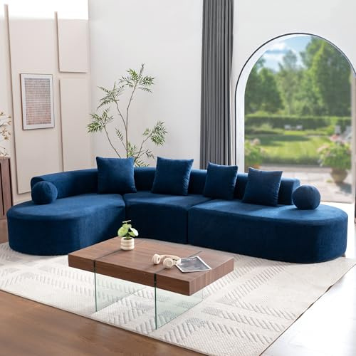Zepneiy Sofa ohne sichtbare Struktur, 5-Sitzer-Sofa in L-Form mit 4 Kissen und 2 runden Kissen, Liegestuhl für Wohnzimmer und Schlafzimmer, Chenille, Blau