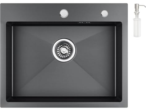 CECIPA Fregadero negro rectangular de 55 x 45 cm, con sifón, fregadero de cocina con 2 agujeros para grifo, color antracita