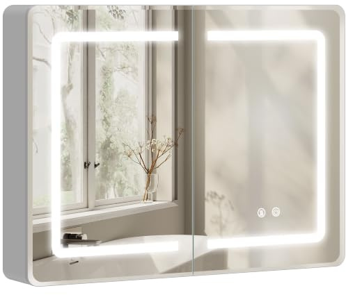 HOMCOM Bathroom Mirror Cabinet with LED Lights, Anti-Fog, 600 x 800 mm | Double-Sided Mirrors, Aluminium Wall Mounted Bathroom Cabinet, 3 Colour Dimmable Lighting, Adjustable Shelves