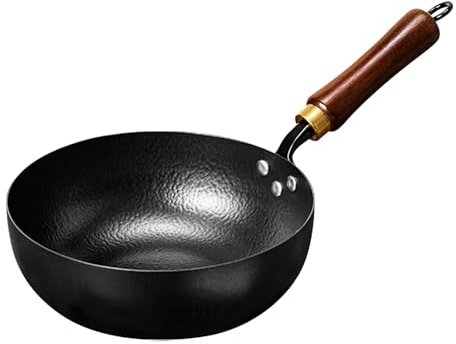 Packool Hand Hammered Wok, Authentic Carbon Steel Chinese Wok for Most Stoves, Pre-Seasoned Nonstick Wok with Wood Handle, Traditional Small Wok for Single Portion