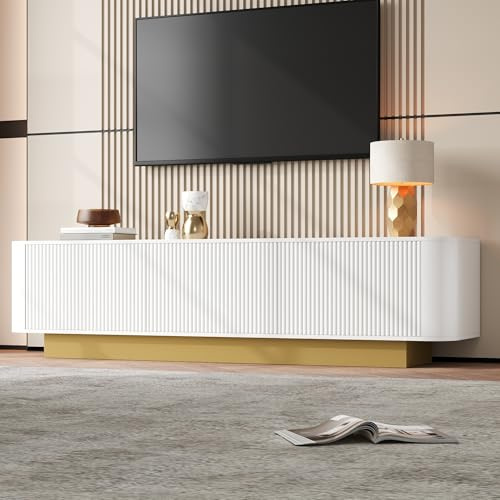 FammyLoft TV-Schrank bis 70 Zoll mit 3D-Textur, TV-Lowboard 180cm mit Abgerundetes Design, Fernsehtisch mit Kabelmanagement, TV Stand, Fernsehschrank, TV-Board, TV-Kommode, Weiß