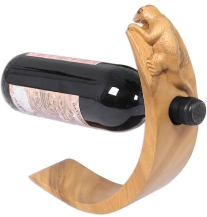 NOVICA Wood Wine Bottle Holder Lizard Theme Hand Carved Brown Indonesia Tableware Barware Holders Animal Themed 'Brown Balinese Lizard'