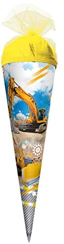 ROTH Geschenk-Schultüte klein Bagger 35 cm - rund Tüllverschluss - Zuckertüte Schulanfang Baustelle