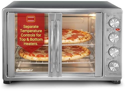 Elite Gourmet ETO-4510M French Door 47.5Qt, 18-Slice Convection Oven 4-Control Knobs, Bake Broil Toast Rotisserie Keep Warm, Includes 2 x 12 Pizza Racks, Stainless Steel