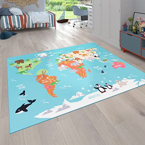 Paco Home Kinder-Teppich Für Kinderzimmer, Spiel-Teppich, Weltkarte Mit Tieren rutschfest In Türkis, Grösse:200x290 cm