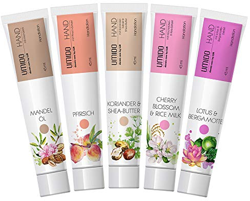 UMIDO 5 Stück Set Hand-Lotion Set 45 ml | 1x Mandelöl | 1x Pfirsich | 1x Koriander & Shea-Butter | 1x Cherry Blossom & Rice Milk | 1x HolyLotus & Bergamotte