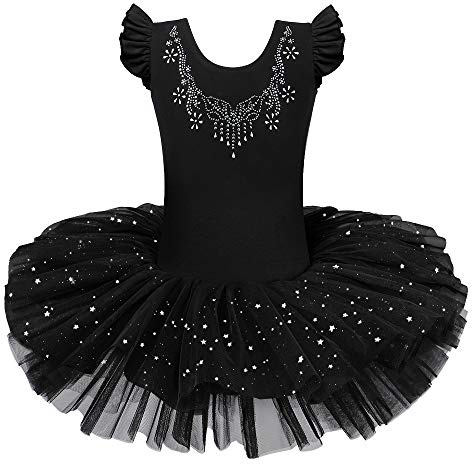 ZNYUNE Girls Princess Ballet Dress Sparkly Layered Tutu Dancewear 3-7Y | Flutter sleeves. Soft breathable stretchy. Comfy knit. Built-in knickers. Great ballerina costume for recitals & parties.