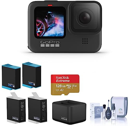 GoPro HERO9 Wasserdichte Sport- und Action-Kamera, 5K/4K-Video, Power-Pack mit Doppel-Ladegerät, 3 zusätzliche Batterien, 128 GB microSD-Karte, Reinigungsset