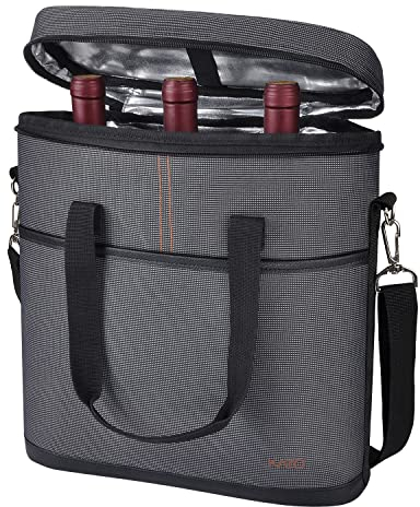 Kato Tirrinia Insulated Wine Carrier - 3 Bottle Picnic Cooler Tote Bag Padded Wine Bag with Adjustable Shoulder Strap Grey