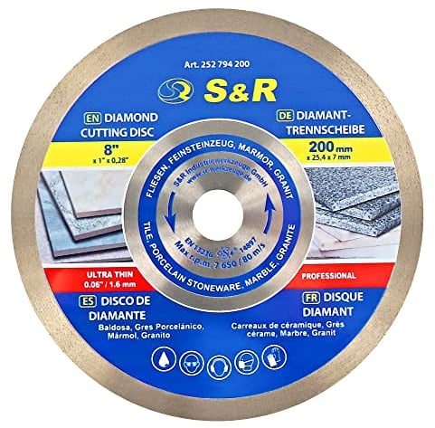 S&R Diamanttrennscheibe 200 x 25,4 x 7 mm (1,6 mm extra dünn), Trennscheibe für sauberes Trennen von Fliesen, Porzellan, Keramik, Feinsteinzeug, Granit, Marmor, für Tischsäge, Fliesenschneidmaschine