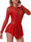 iEFiEL Damen Langarm Ballettkleid Eiskunstlauf Kleid mit Glitzer Kristallen Ballettkleidung Gymnastik Leotard Turnanzug Tanzkostüm Wg Rot XL