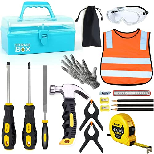 QeeHeng Real Tools pour Les Enfants - 20 Pcs Outils de Construction avec Mallette à Outils Bleue et Vêtements de Protection Ensemble d'outils de Travail du Bois pour Débutants Cadeau Éducatif