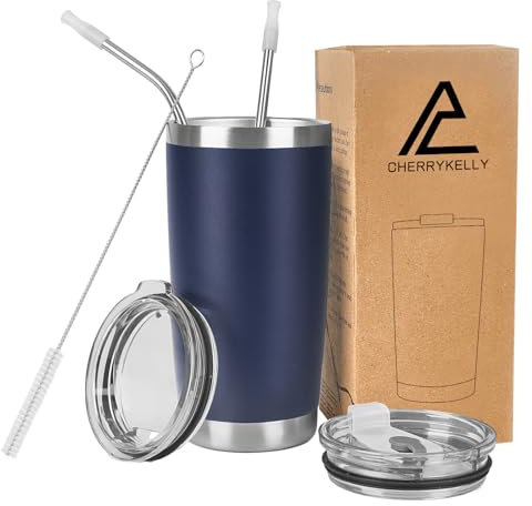 CherryKelly 20oz (550ml) Insulated Travel Tumbler Mug Stainless Steel Vacuum Coffee Cup with 2 Leak-Proof Lids & Straws, BPA-Free, Hot & Cold, Commute, Gym, Office - Navy Blue