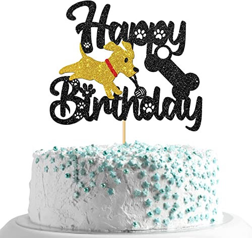 MonMon & Craft Happy Birthday Dog Cake Topper/Puppy Birthday Cake Decor/Baby Shower/Pet Dog 1st Birthday Party Decorations - Black Gliter (Dog)