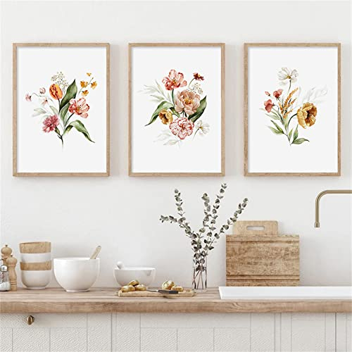 Sarah Duke Blumen Poster Wohnzimmer, 3er Set Aquarell Blumen Wandbilder Kunstposter, Wanddeko Aesthetic Bilder Leinwand Set, Ohne Rahmen (40 x 50 cm)