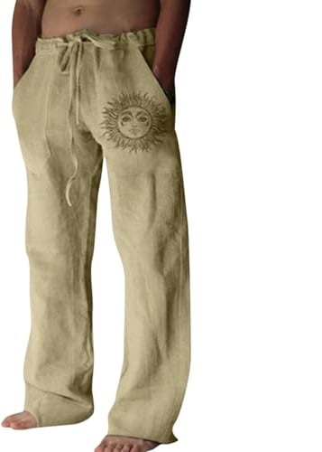 Litthing Pantalon en Lin Homme Pantalons de Jogging en Coton d'été Décontracté avec Poches à Cordon de Serrage Coupe Ample Pants Léger et Confortable
