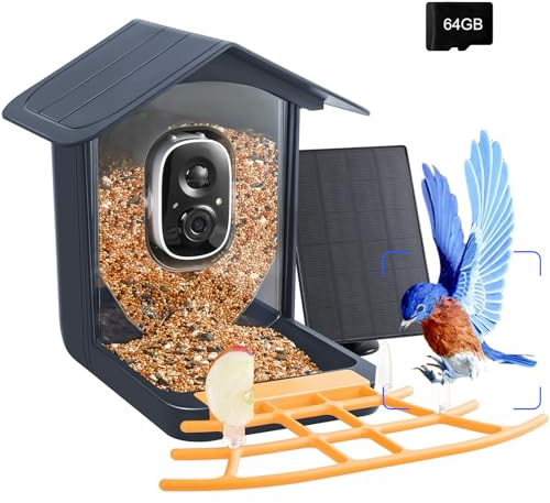 Vogelfutterstation mit Kamera Kabellos im Freien, Smart Bird Feeder mit Kamera Solarbetrieben, Automatische Videoaufnahme & Bewegungserkennung, 64G SD-Karte, Einzigartiges Geschenk für Familie und