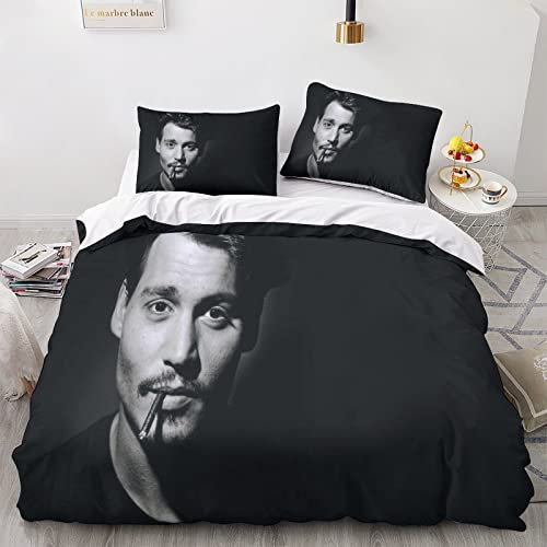 EKIDAZ Johnny Depp Bettbezug Set Mit 3D Drucken,Stern Mikrofaser Weiche Und Reißverschluss–3-teiliges Set Inklusive Kissenbezüge–Perfekt Für Jugendliche Und ErwachseneDouble(200x200cm)