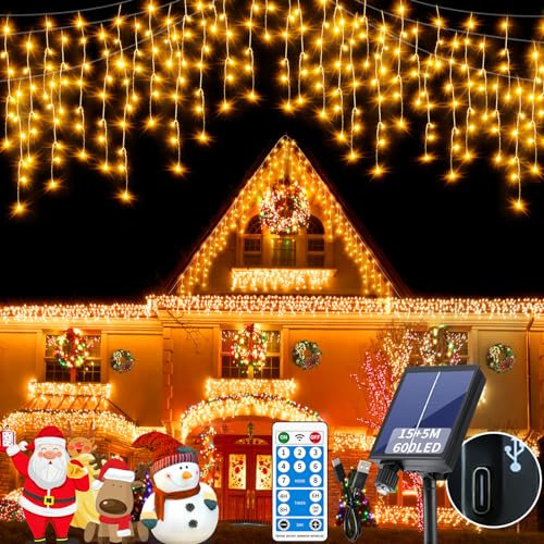 RJEDL Solar Icicle Christmas Lights, 15+5M/66Ft 600LED Icicle Fairy Lights Outdoor Waterproof with Remote, 8 Modes Connectable Curtain String Lights for Window Xmas Tree Decoration