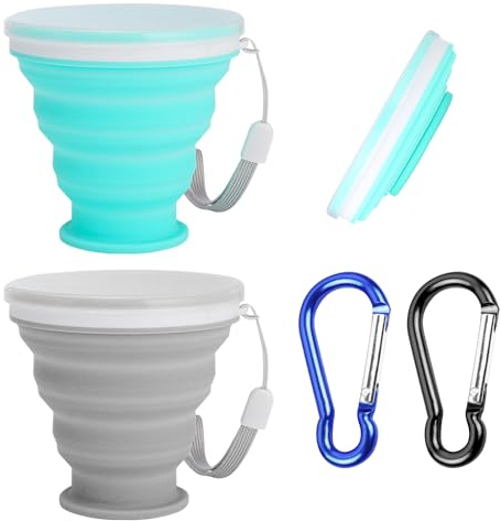 Tazas de agua plegables de silicona de 2 piezas con mosquetones de 2 piezas, botella de agua portátil con tapa, taza de viaje telescópica, taza de camping, viaje, etc