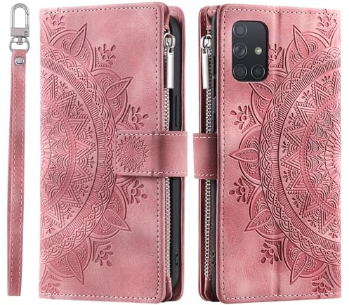 VEEMOS Handyhülle für Samsung Galaxy A51 5G hülle Klappbar Blumen Handytasche Schutzhülle Klapphülle mit Kartenfach Handy Tasche Book Cover Flip Case Ständer - Rosa