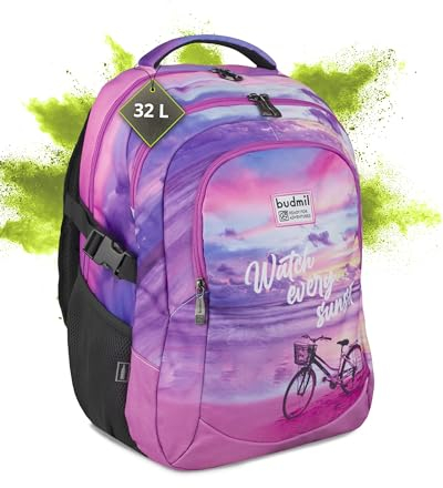 budmil ergonomischer Schulrucksack für Mädchen 32L - für Kinder ab Klasse 1 - wasserabweisend - Rucksack mit 3 Fächer & belüftete Rückseite - Edwin Bike