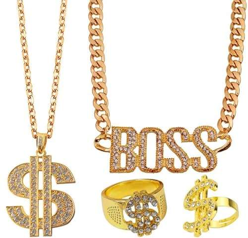 KingYH 4 Stück Rockstar Rapper Kostüm Set 80er 90er Hip Hop Kostüm Set mit Goldene Dollar Halskette Dollarzeichen-Ring 'Boss' in Gold Anhänger Kette für Faschingszubehör Mottopartys Karneval