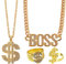 KingYH 4 Stück Rockstar Rapper Kostüm Set 80er 90er Hip Hop Kostüm Set mit Goldene Dollar Halskette Dollarzeichen-Ring 'Boss' in Gold Anhänger Kette für Faschingszubehör Mottopartys Karneval