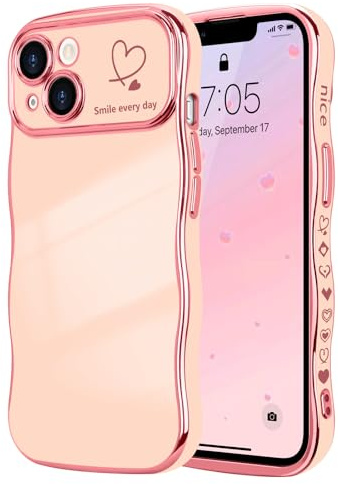 LCHULLE for iPhone 14 Case Cute for Women Girls Wavy, Pink | Luxury Plating Curly Wave Shape Frame with Love Heart Pattern, Raised Camera Protection Back Cover Shockproof Phone Case