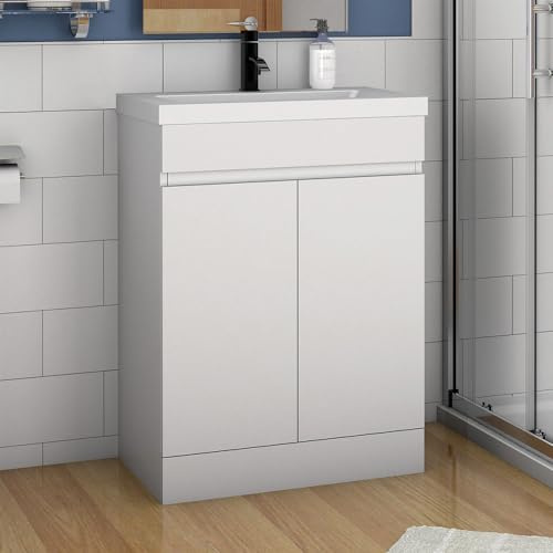 Acezanble Free Standing Basin Vanity Cabinet Unit with 2 Swing Doors Resin Sink, High Gloss White Flatpack - 600mm