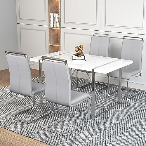 Moderne Esszimmerstühle 4 Set, verchromtes Metallgestell,einfacher und eleganter Stuhl,Wasserdichter Stuhl,Rücklehne aus PU Kunstleder, hoher Rücken gepolstert Side Chair, für Esszimmer, hellgrau
