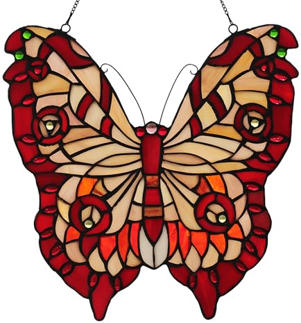 YOURANJU Handgefertigtes Buntglas-Schmetterling-Fensterbehang, buntes Tiffany-Stil, Fensterpaneel für Heimdekoration, 30,5 cm, Kunstglasornament, Geschenk für Garten, Wohnzimmer und Terrasse, Rot