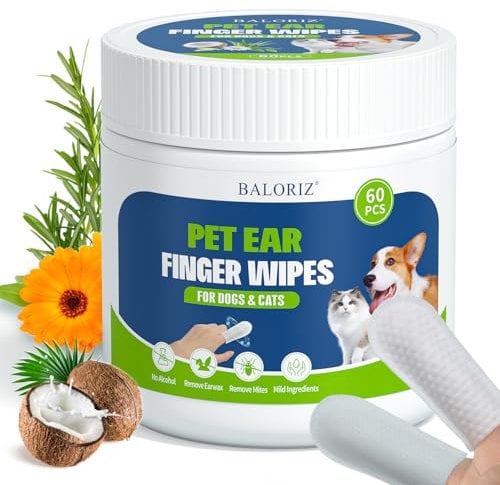 BALORIZ Dog Ear Cleaner Wipes, Dog Ear Wipes Finger for Dogs & Cats, Gently Remove Ear Wax, Sooth & Deodorize, Relieve Ear Itching, Pet Supplies Easy to Use Fresh Coconut Scent(60 Counts)